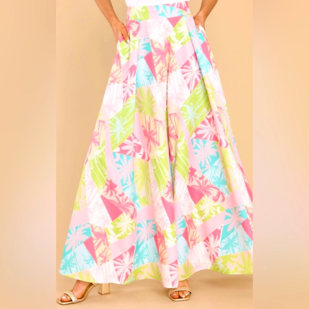 Red Dress Boutique Wide Leg Pants Tropical Print Pastel Colors sz L New NWT - Picture 4 of 14